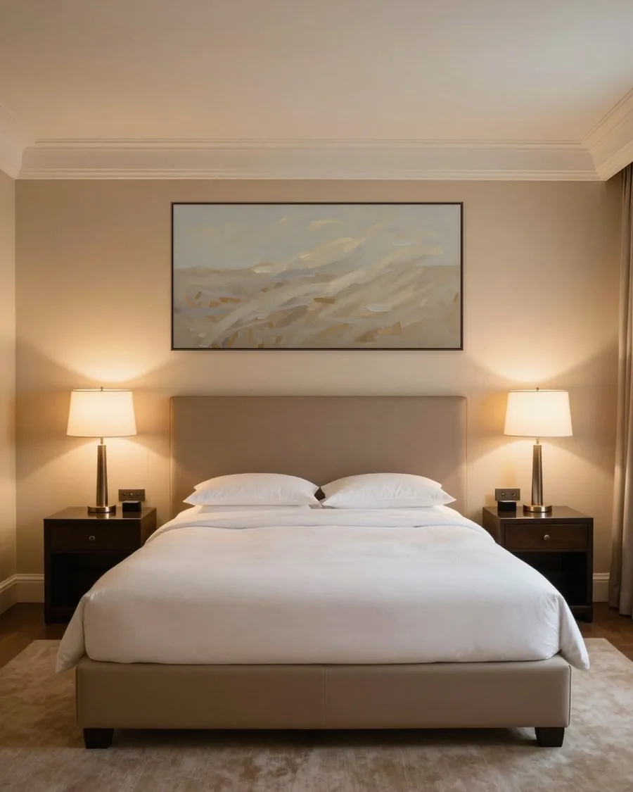 Simulação: Quarto de hotel, Pinceladas ao Vento Areia e Taupe