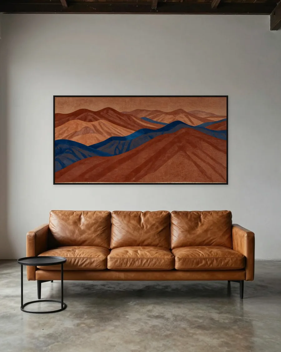 Simulação: Loft industrial, Montanhas em Tapeçaria Terracota e Azul