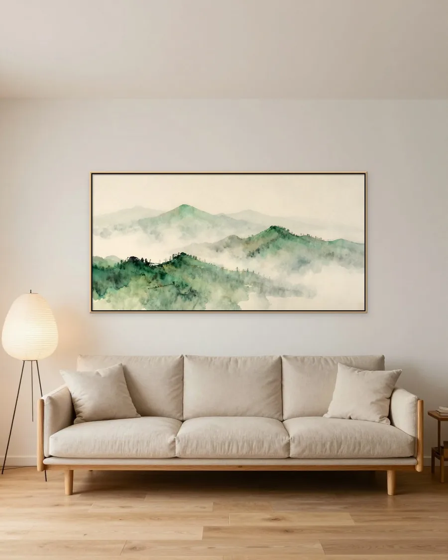 Simulação: Sala japandi, Montanhas em Névoa em Aquarela