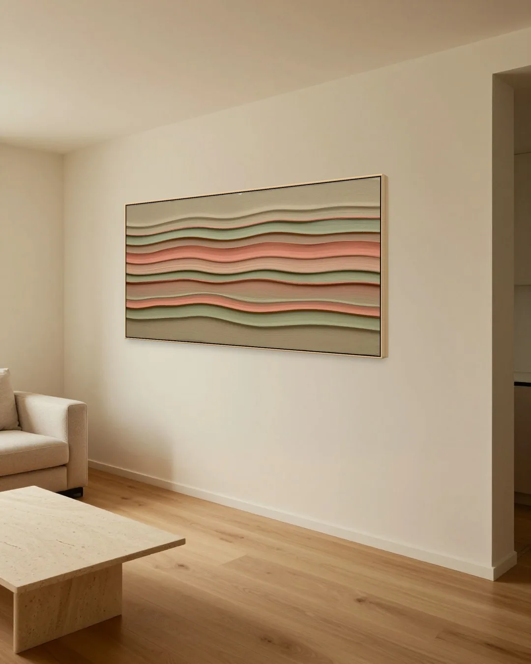 Simulação: Sala de estar, Ondas em Relevo Terracota e Bege · Moldura carvalho · 200 × 100 cm