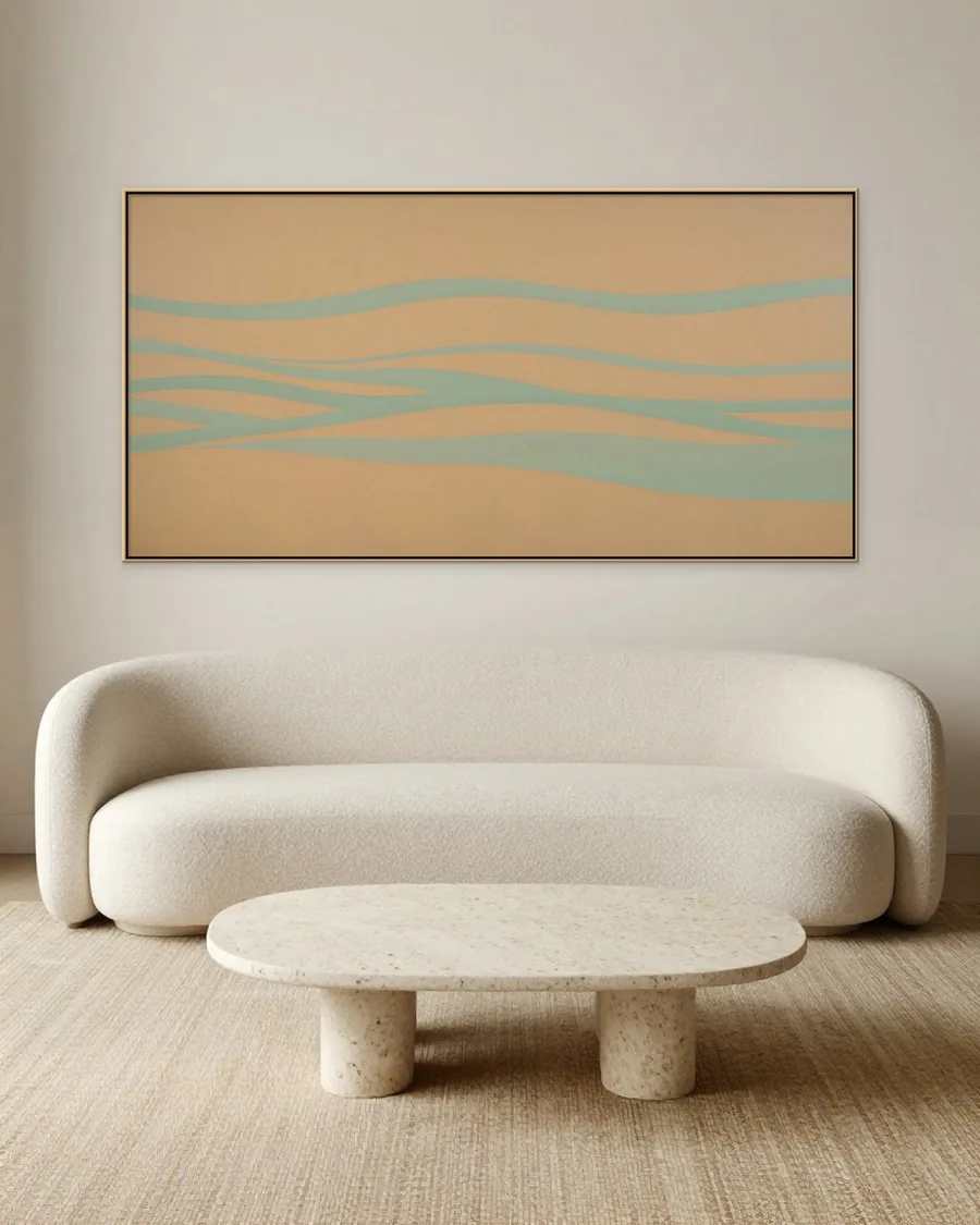 Simulação: Sala contemporânea, Linhas Fluidas Sálvia sobre Caramelo · 195 cm