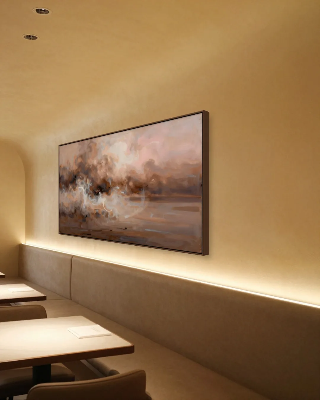 Simulação: Restaurante, Horizonte Esfumado Rosa e Chocolate · Moldura nogueira · 190 × 95 cm
