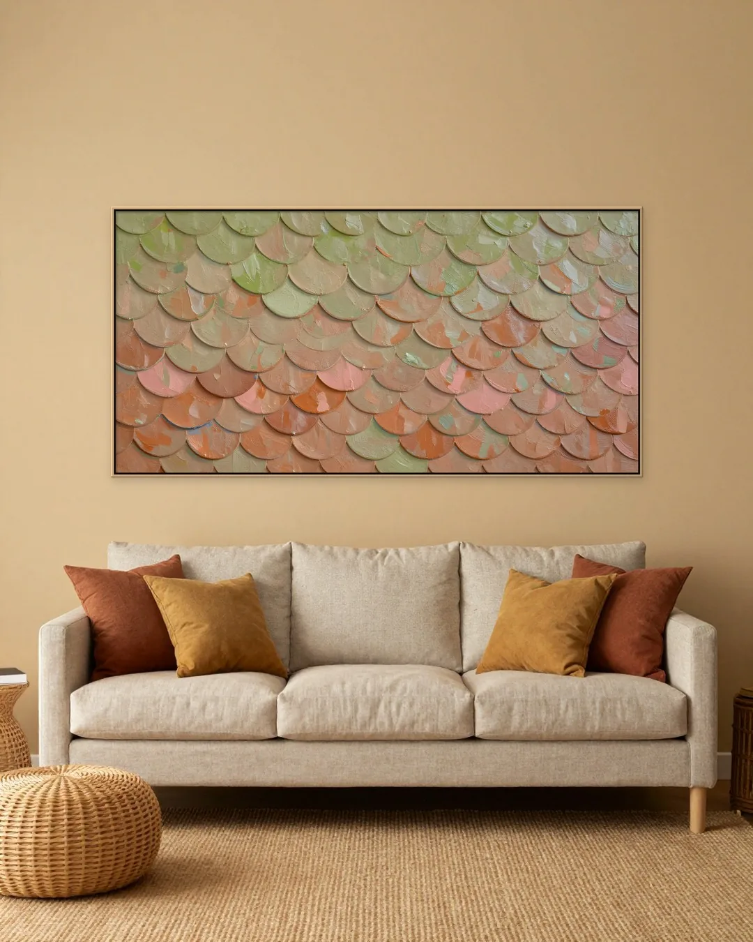 Simulação: Sala boho, Escamas Espatuladas Terracota e Sálvia · Moldura carvalho · 190 × 95 cm